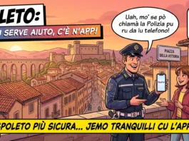 YouPol app sicurezza Spoleto: cos’è e come funziona YouPol app sicurezza Spoleto, il vigile mostra l'app a due ragazzi in piazza della Vittoria