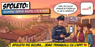 YouPol app sicurezza Spoleto: cos’è e come funziona YouPol app sicurezza Spoleto, il vigile mostra l'app a due ragazzi in piazza della Vittoria