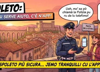 YouPol app sicurezza Spoleto: cos’è e come funziona YouPol app sicurezza Spoleto, il vigile mostra l'app a due ragazzi in piazza della Vittoria